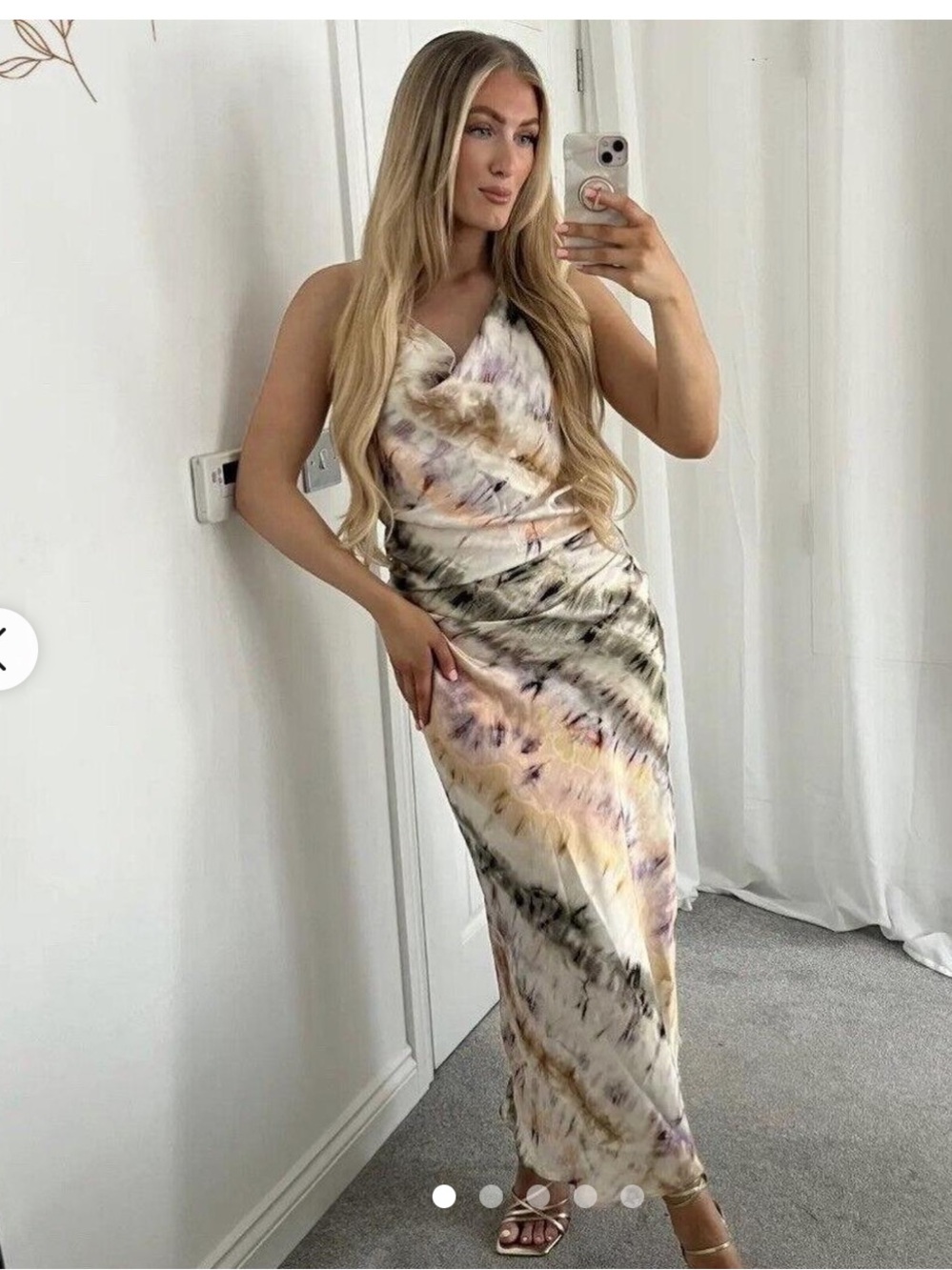 Zara Marble-Print Satin Maxi Dress in Pastel Neutrals